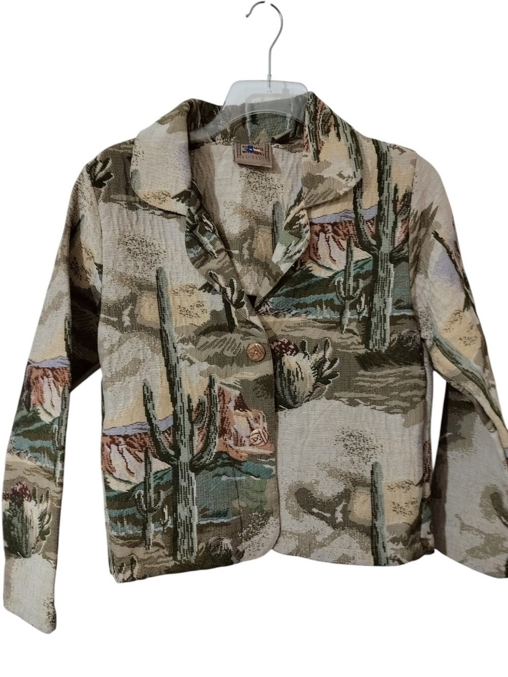 5918)Vtg 90s Don't Mess with Texas S Southwestern Artsy Cactus Tapestry Jacket